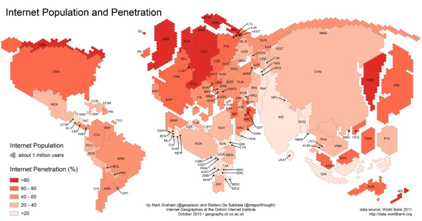 мировая карта интернет пользователей с пропорциями стран по числу выходящих в Сеть