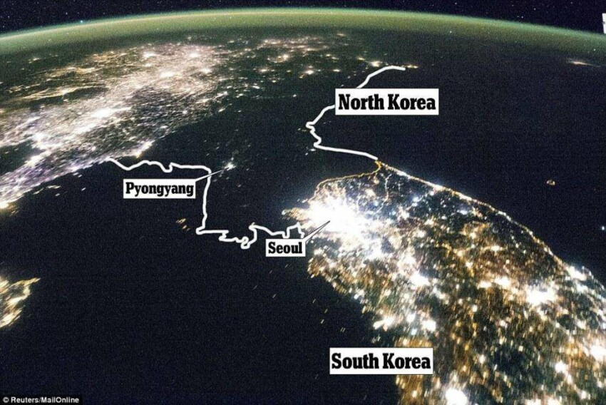 Южная и Северная Корея ночью граница