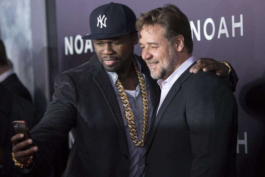 Rapper 50 Cent and Crowe take a 'selfie' at the U.S. premiere of "Noah" in New York