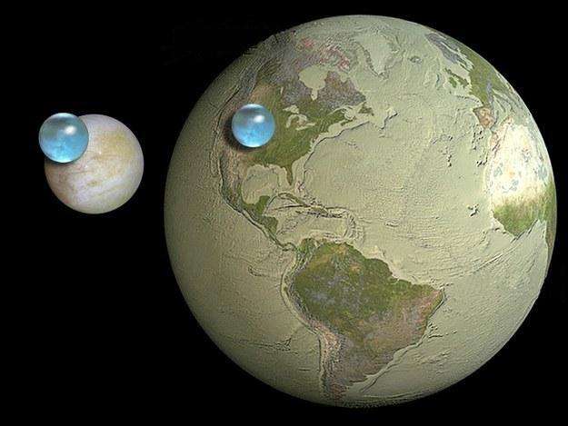 Это количество воды на спутнике Юпитера - Европе, по сравнению с количеством воды на Земле