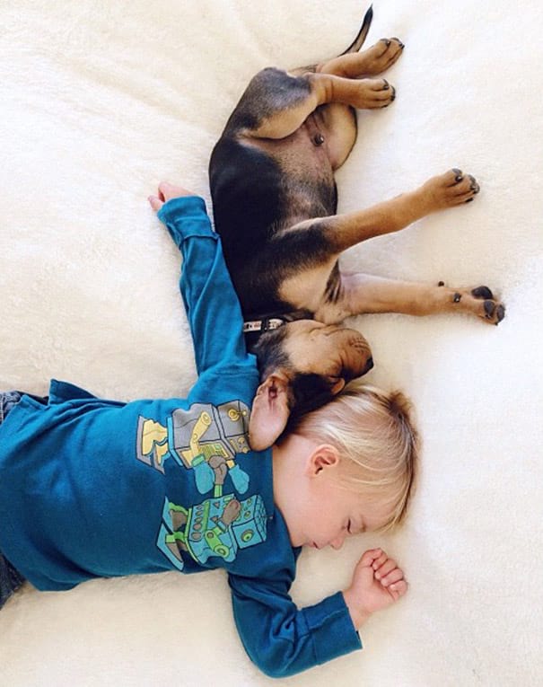 Этот малыш спит со своим щенком и они оба растут на этих 15 фото