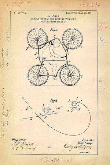 странные изобретения - Патент 1905 года двойного велосипеда для выполнения трюков в цирке