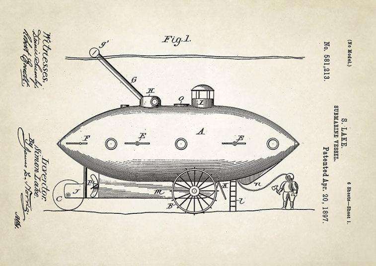 Патент 1897 года на подводную лодку, перемещавшуюся на колесах по дну