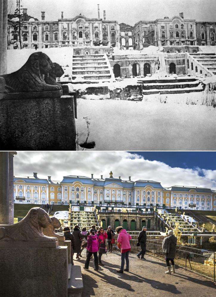 Вид на разрушенный Большой Петергофский дворец в 1944 году. Санкт-Петербург. Вид на Большой Петергофский дворец
