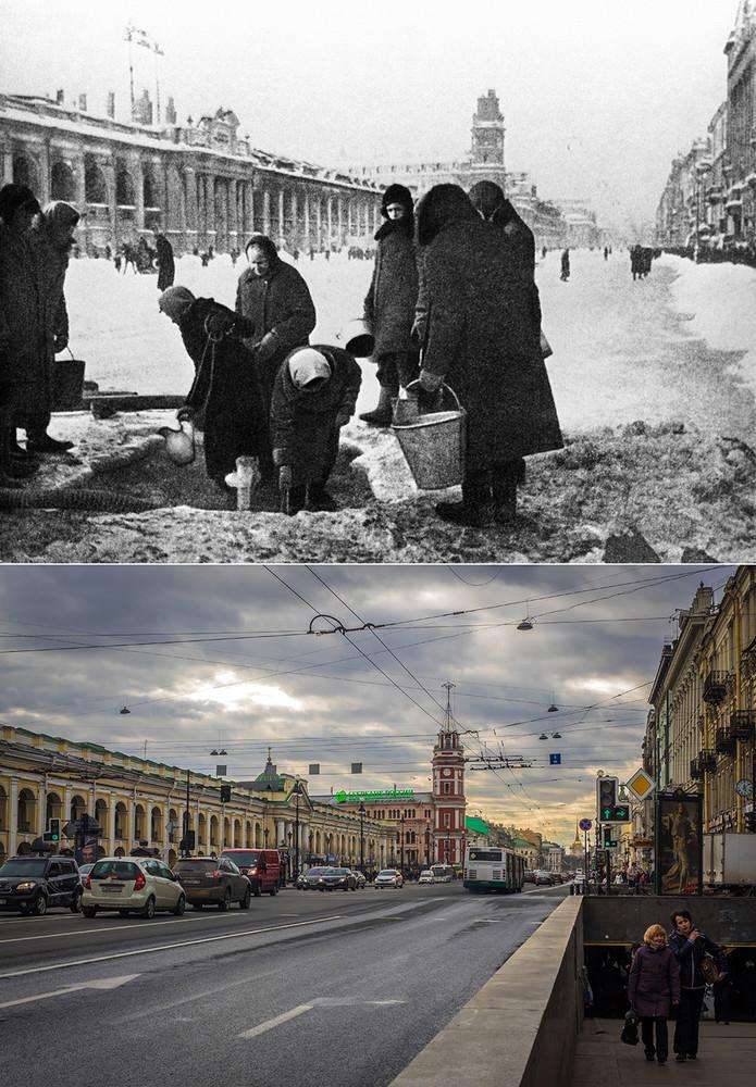 Ленинград. Невский проспект в дни блокады, 1941 год и Санк-Петербург сейчас