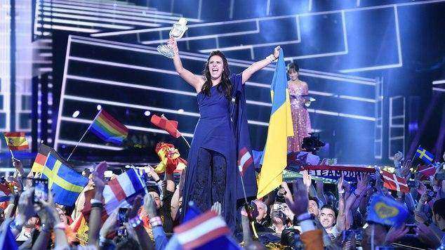 Ukraine's Jamala celebrates with the trophy after winning the Eurovision Song Contest (AP)