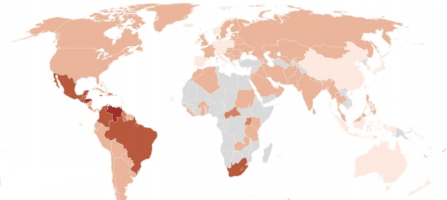 Уровень насилия в странах мира - карта