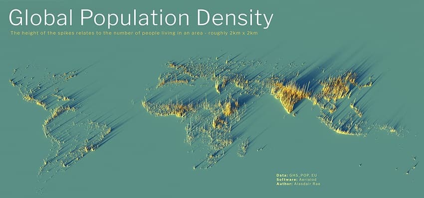Плотность населения мира на карте 3D