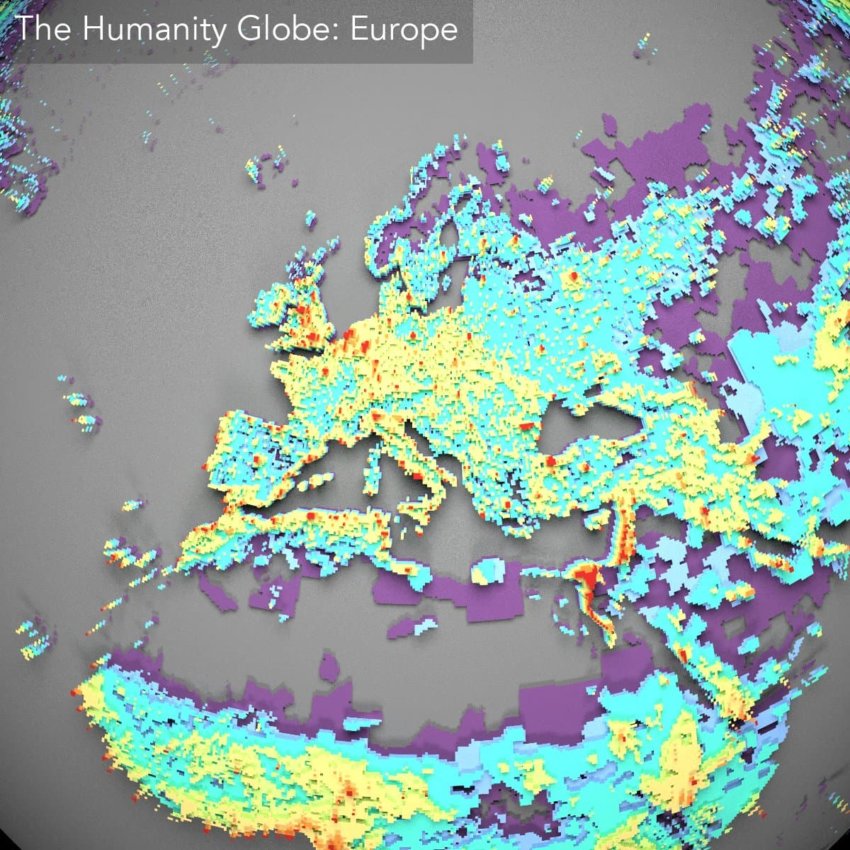 Плотность населения на карте 3D: Европа