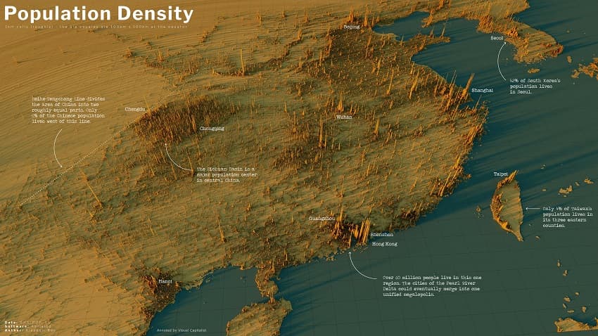 Плотность населения мира на карте, в видео и в 3D визуализации