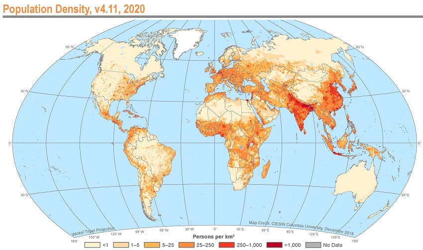 Плотность населения на карте мира